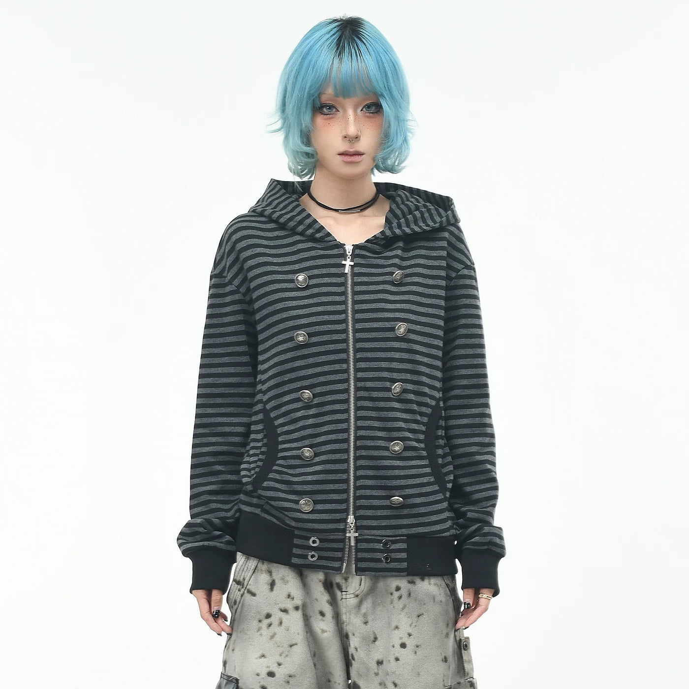 OV original subculture double breasted design striped hooded sweatshirt women's autumn slim fit short zipper cardigan jacket
