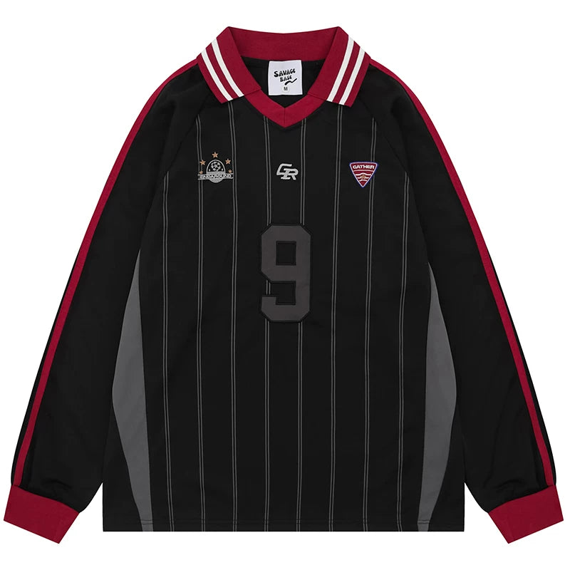 OV original American retro patchwork striped long sleeved T-shirt for men and women in autumn, loose contrasting color, digital embroidery V-neck jersey