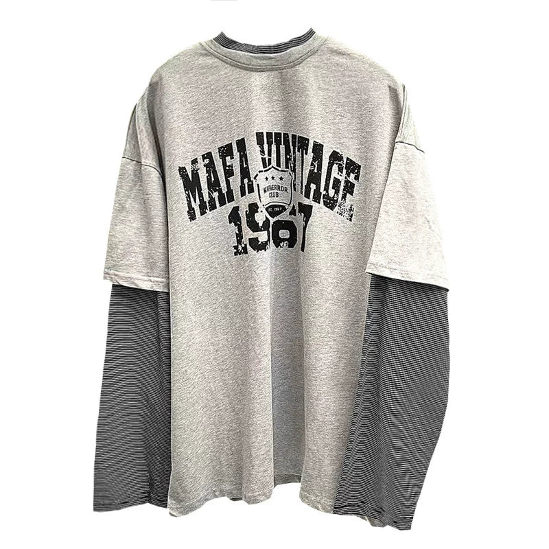 OV Original/Spring American Retro Fake Two Piece Splicing Small High Collar Long Sleeve T-shirt for Men and Women, Uniquely Loose Top Trendy