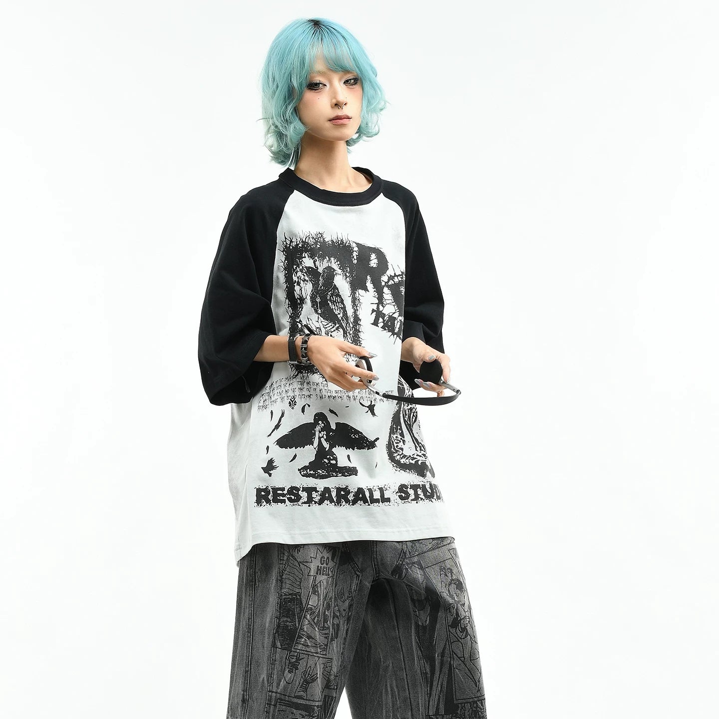 OV Original/Dark Color Contrast Splicing Graffiti Short Sleeve T-shirt for Men and Women Summer Trendy Brand Loose Dirty Stained Half Sleeve Top