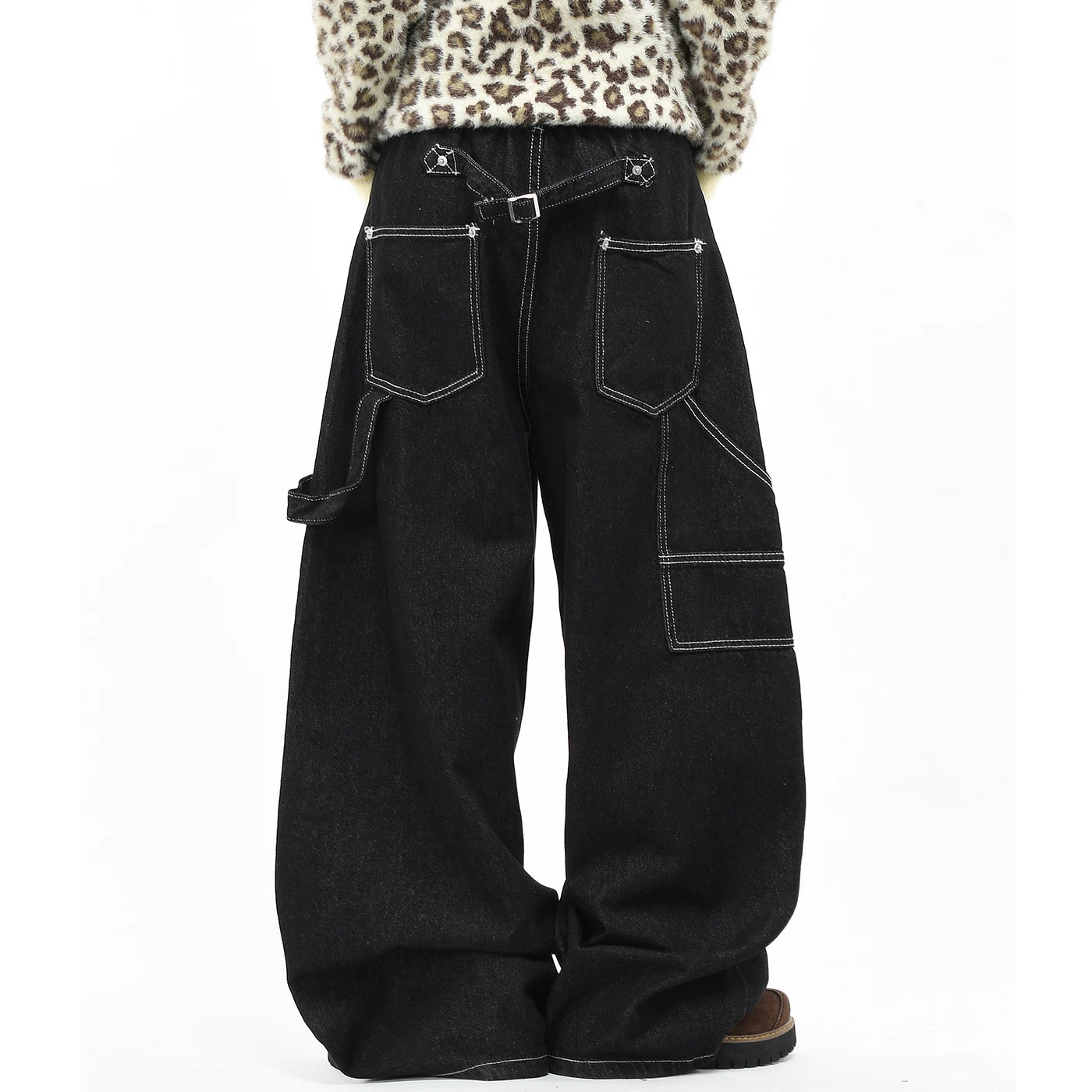 OV original American style cool airplane buckle design jeans for men and women, loose wide leg tannins, original cow pants, trendy