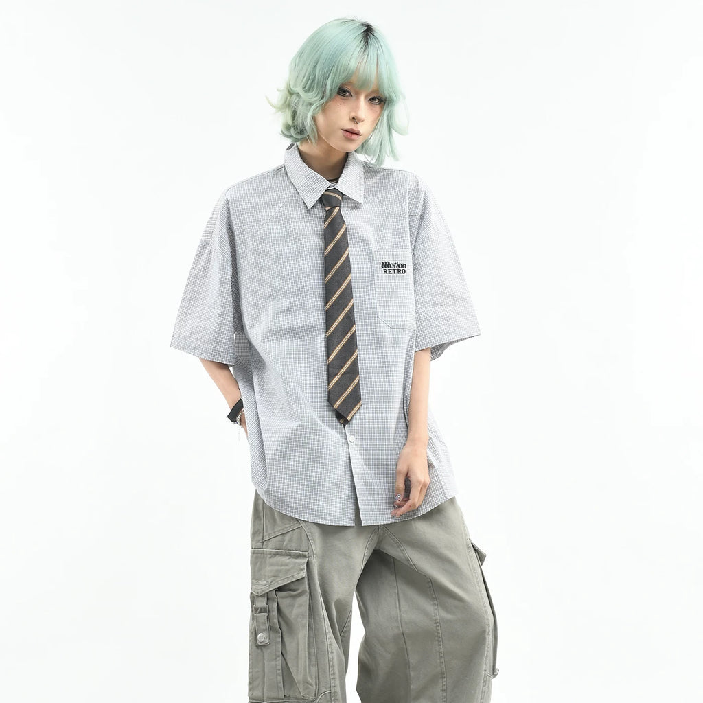 OV original college style contrasting color tie, Thousand Bird plaid shirt, women's summer short sleeved loose couple versatile top, men's