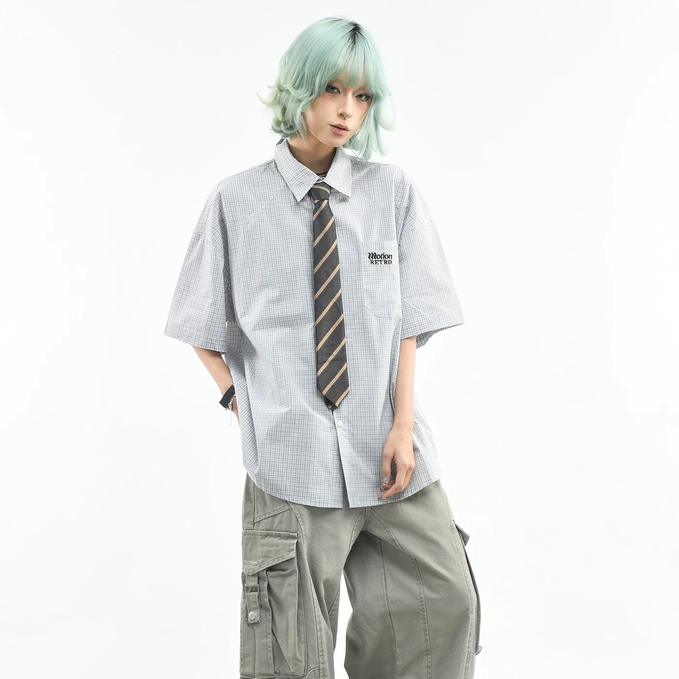 OV original college style contrasting color tie, Thousand Bird plaid shirt, women's summer short sleeved loose couple versatile top, men's