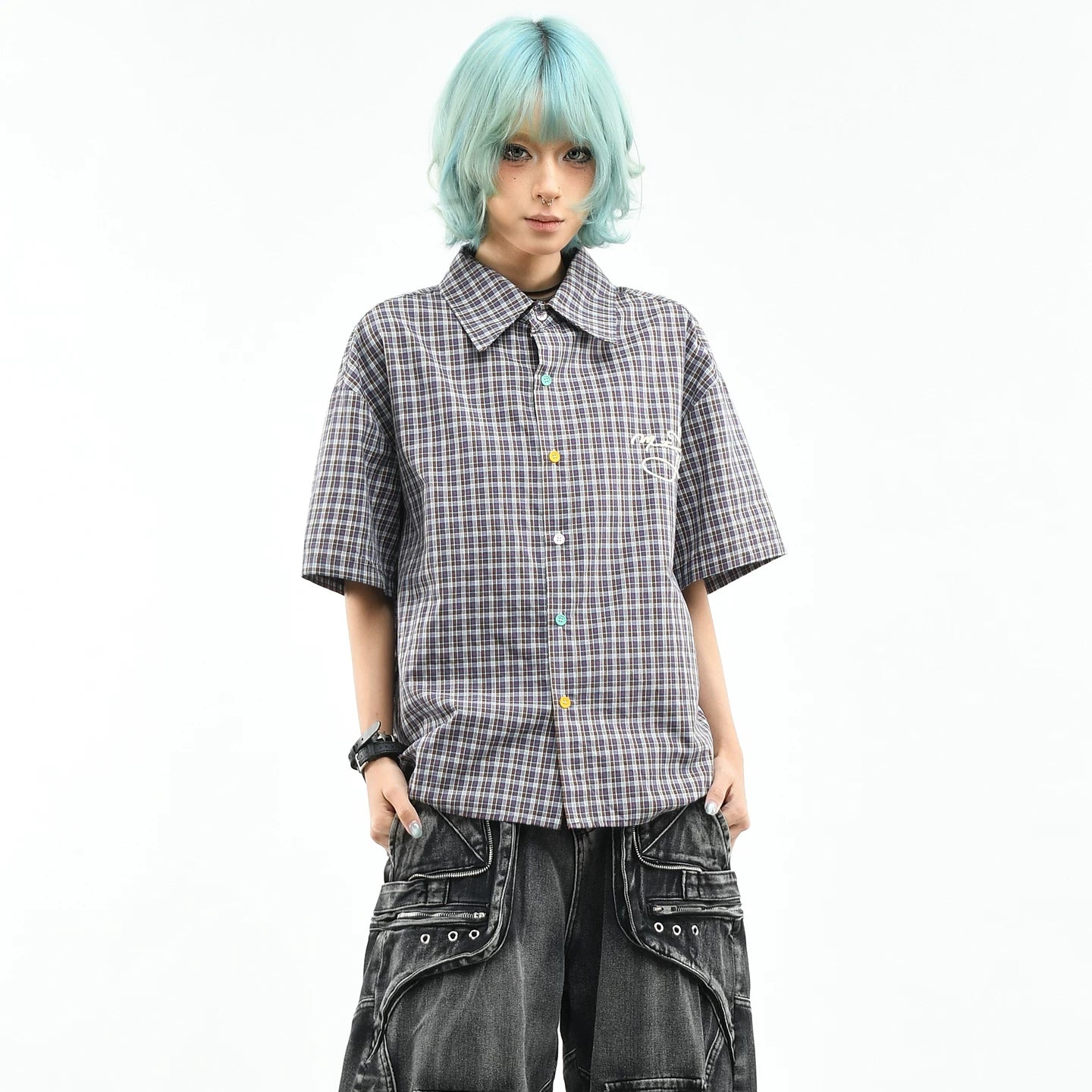 OV original summer new style American retro checkered short sleeved shirt for women, loose college style color button top for men