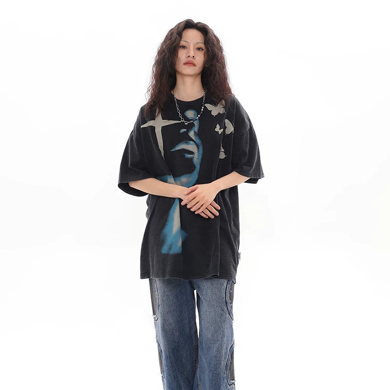 OV original high street retro face print distressed washed short sleeved T-shirt for men and women summer hip-hop loose half sleeved tee