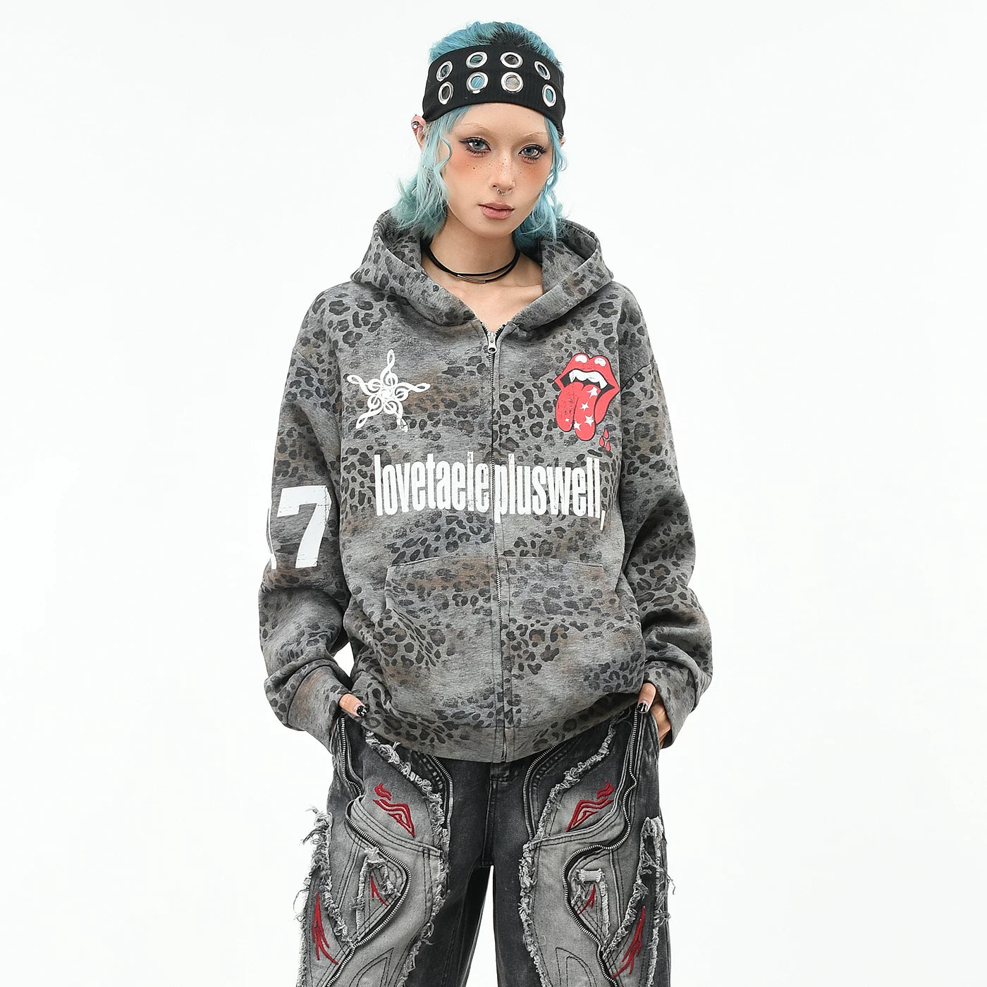 OV original American leopard print rolling stone print hooded sweatshirt for men and women, autumn loose subculture trendy brand cardigan jacket