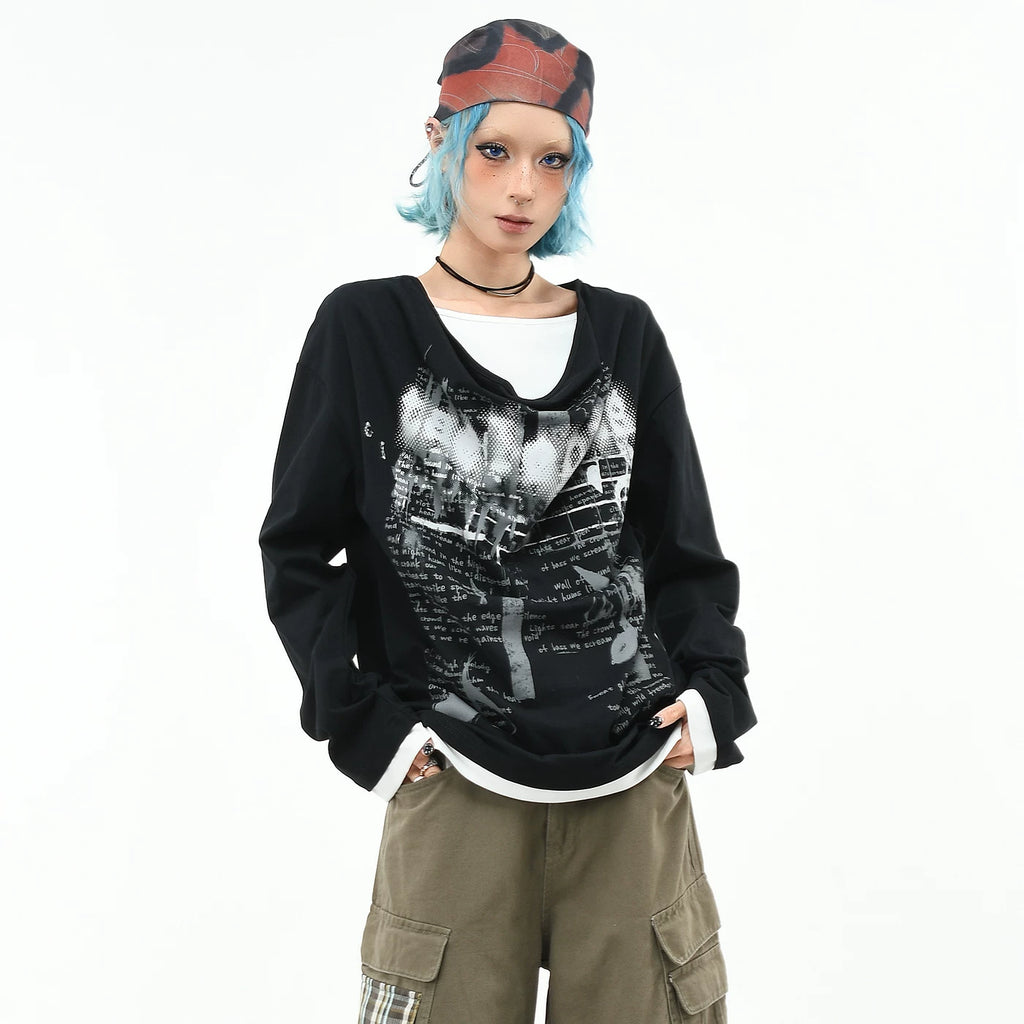 OV original/punk Abi style musical note printed long sleeved T-shirt for men and women autumn loose pile collar fake two-piece top