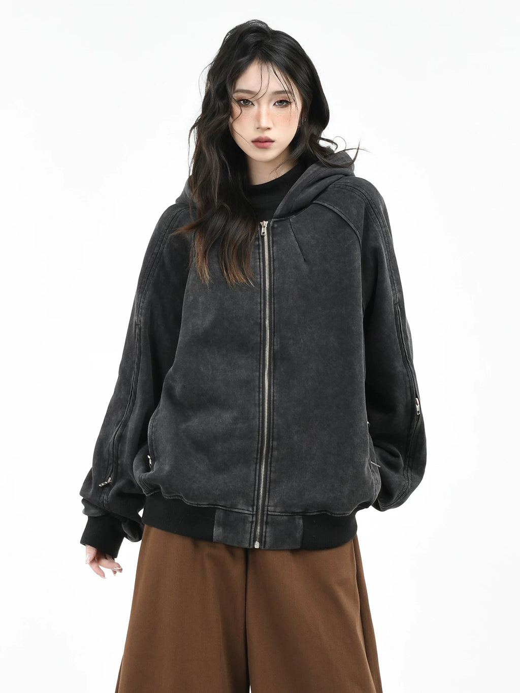 OV original American retro washed vintage hooded cardigan sweatshirt women's autumn silhouette loose casual jacket men's trend