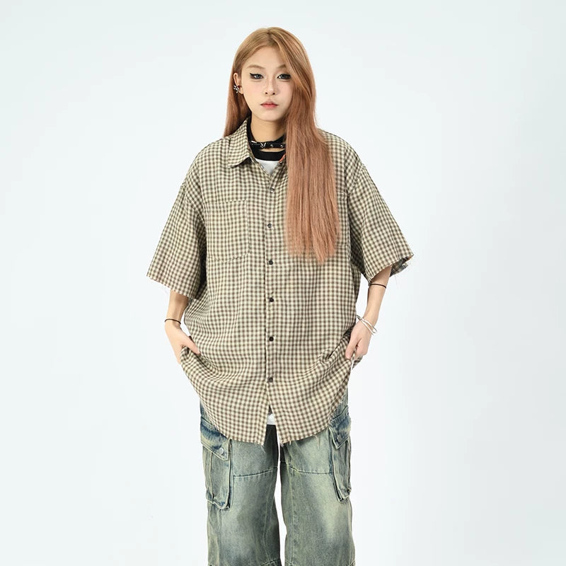 OV Original Summer High Street Retro Checkered Double sided Wear Design Hairy Short sleeved Shirt Men's and Women's Trendy Brand Loose Top