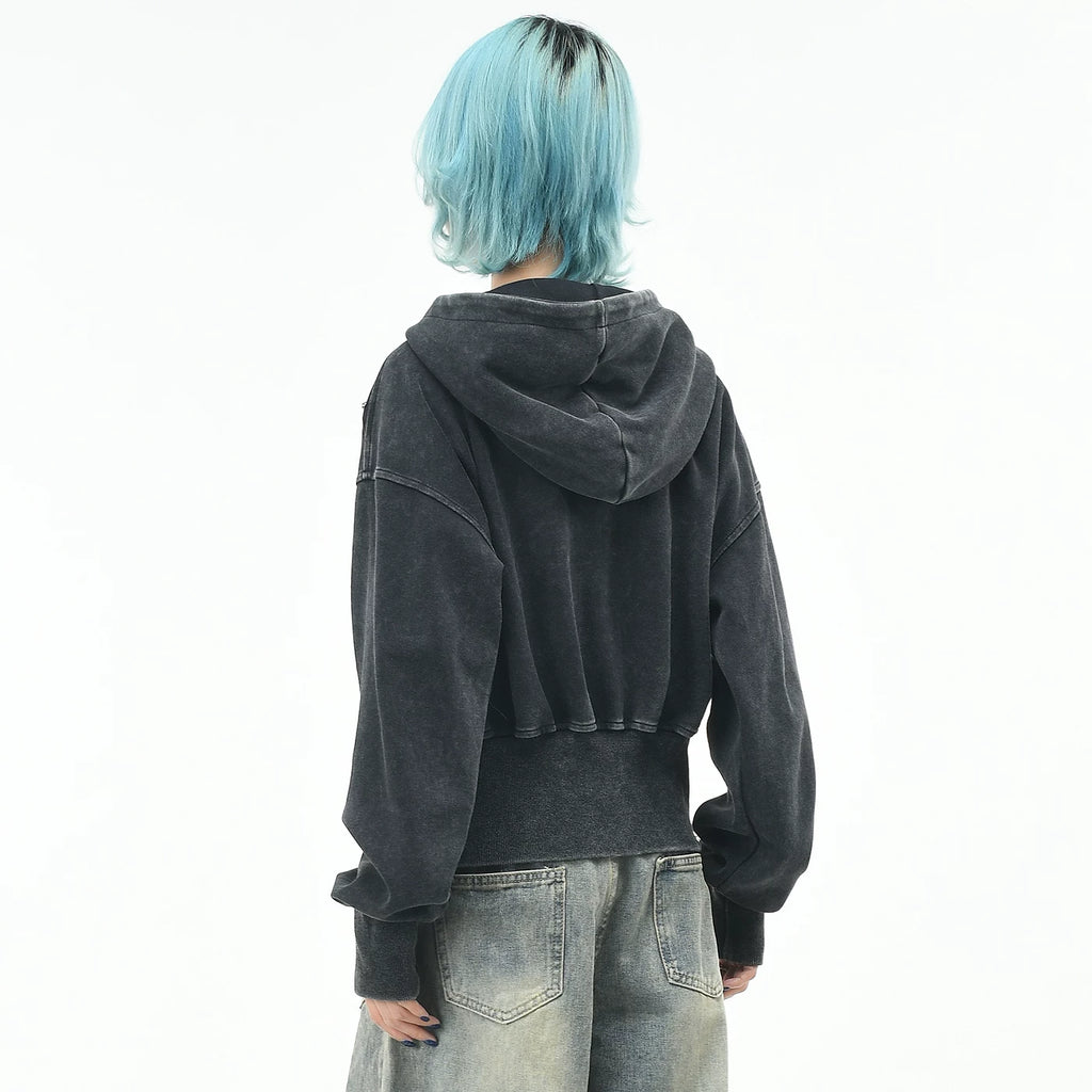 OV Original Retro Rivet Cut, Vintage, Back Waist Hoodie, Women's Autumn Loose Short Zipper cardigan Coat