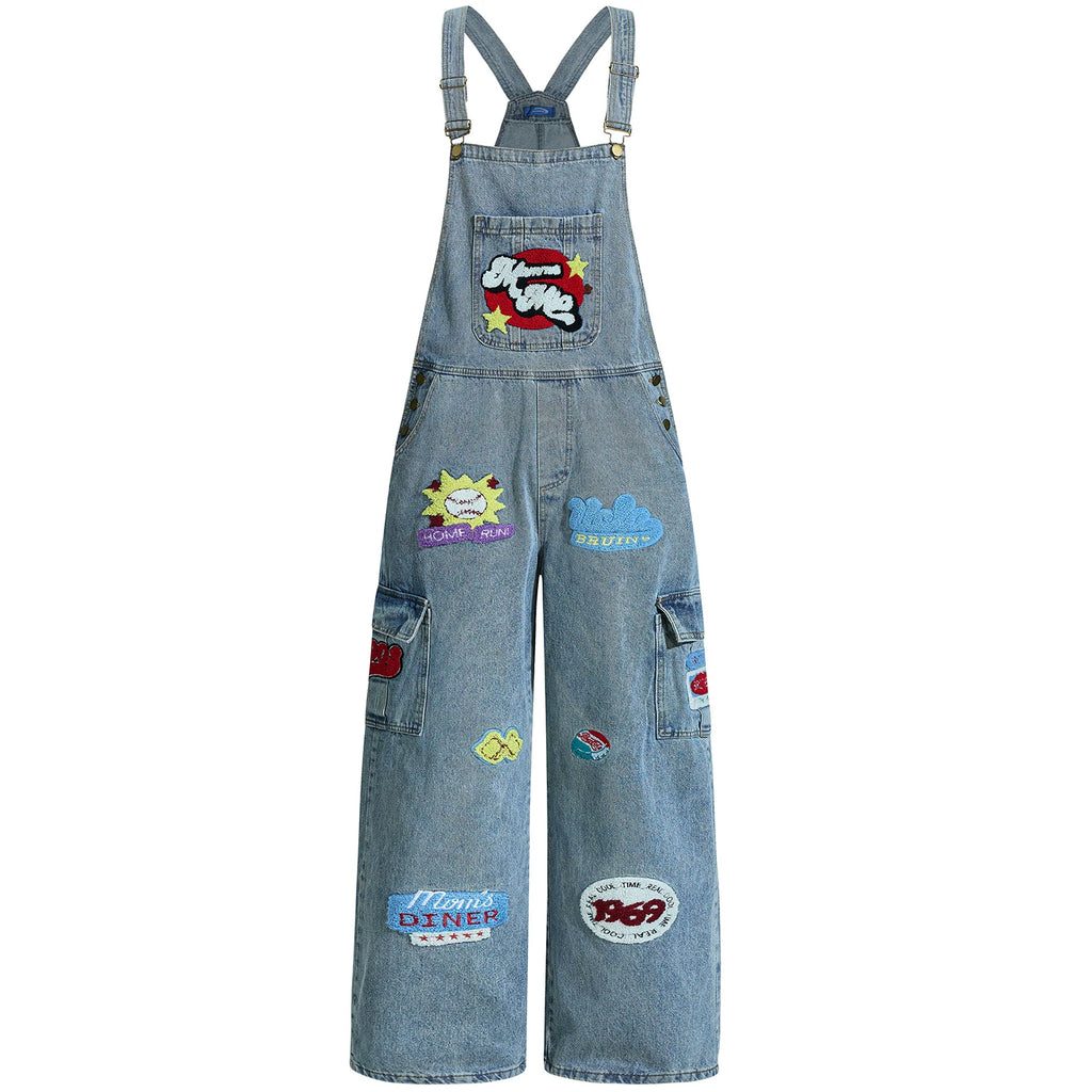 OV Original/American Plush Embroidery Washed Cowboy Strap Pants for Women Retro Loose Trendy Brand Ins jumpsuit Pants for Men