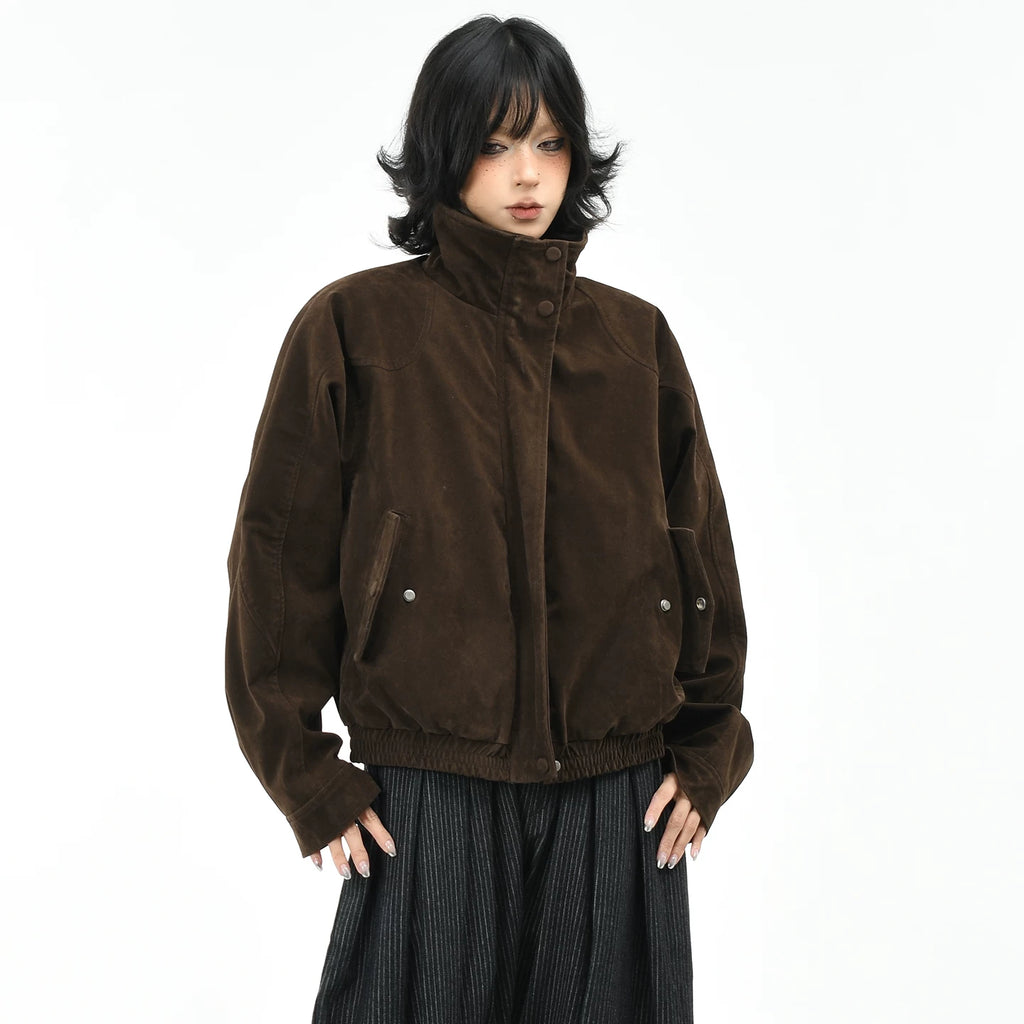 OV original American retro modern leather velvet silhouette warm jacket for women's winter loose short workwear cotton jacket