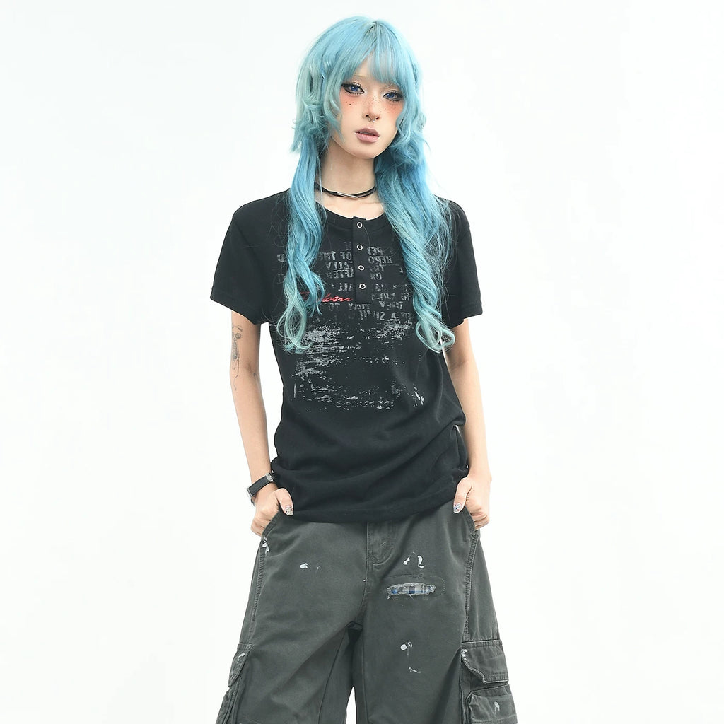 OV original/light Asian style letter graffiti shoulder short sleeved T-shirt for women's summer slim fit short style Henry collar American top