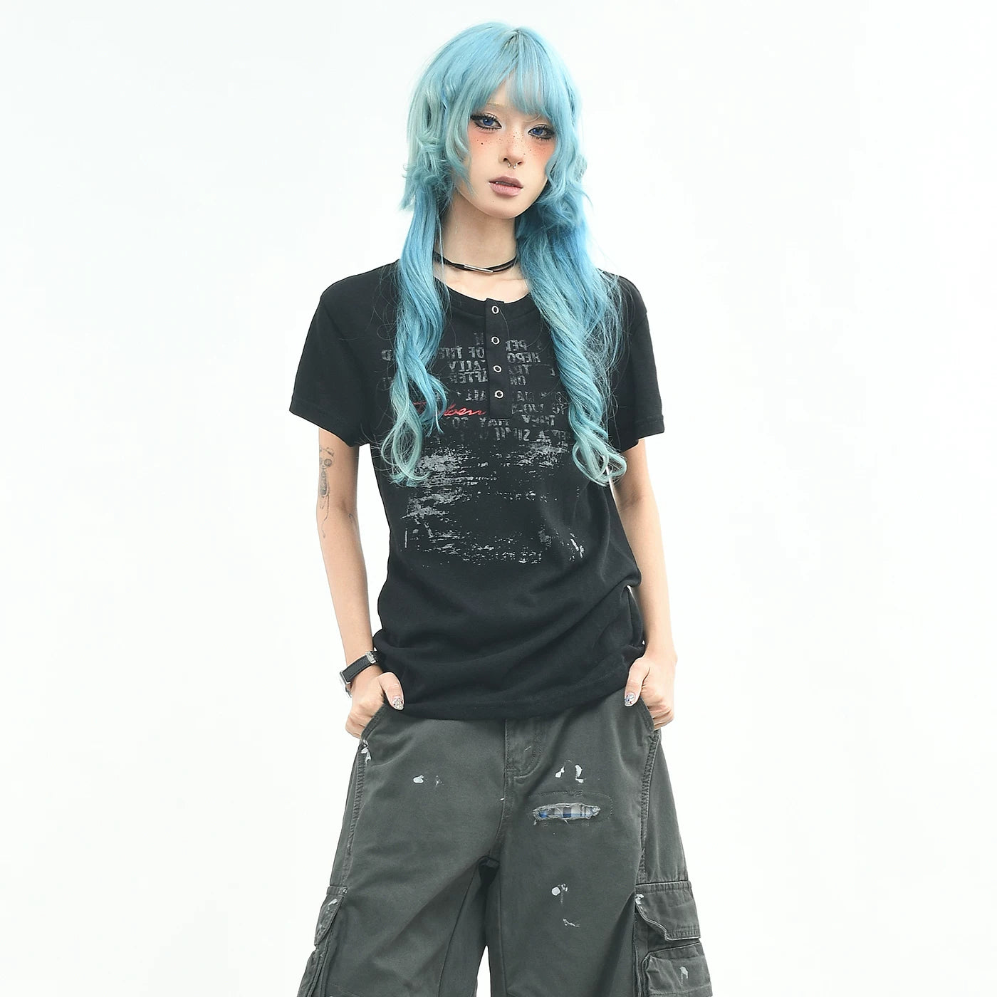 OV original/light Asian style letter graffiti shoulder short sleeved T-shirt for women's summer slim fit short style Henry collar American top