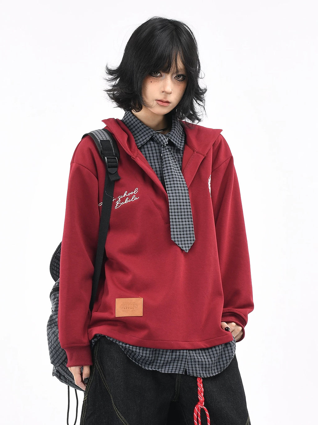 OV original American plaid fake two-piece spliced tie hooded sweatshirt for men and women, autumn college style casual jacket trendy
