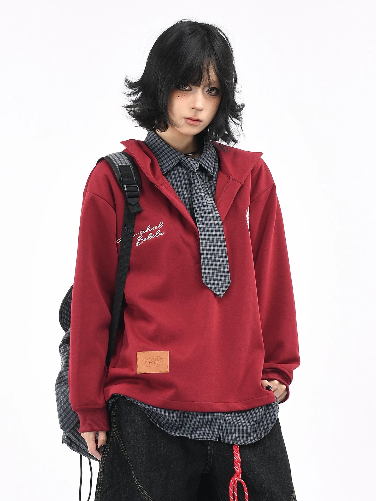 OV original American plaid fake two-piece spliced tie hooded sweatshirt for men and women, autumn college style casual jacket trendy