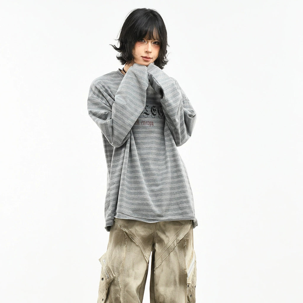 OV original/American retro striped letter printed long sleeved T-shirt for women's spring loose couple casual base top