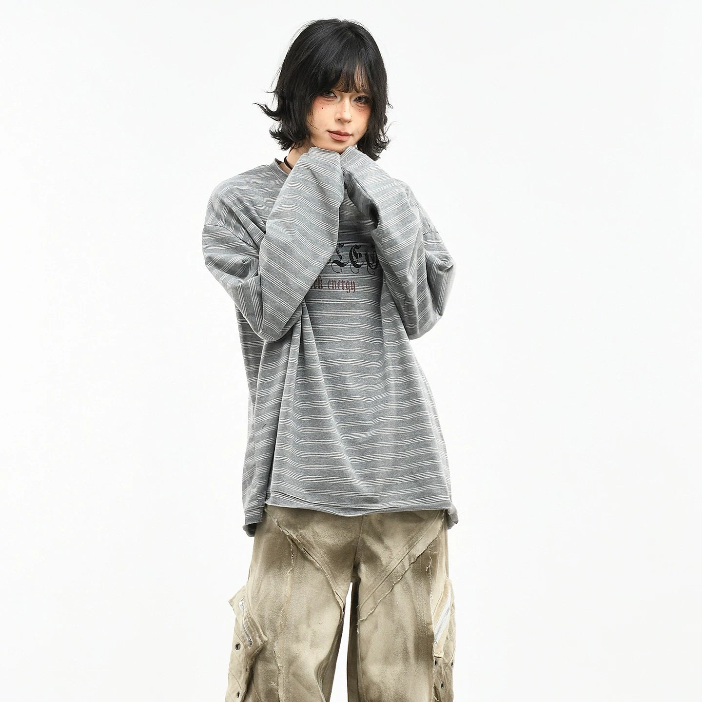 OV original/American retro striped letter printed long sleeved T-shirt for women's spring loose couple casual base top