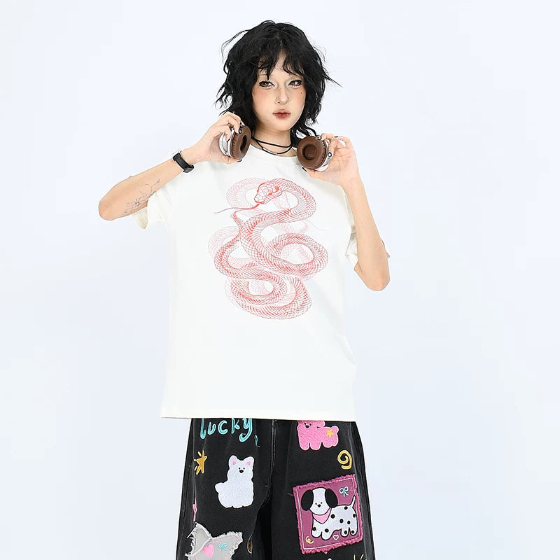 OV Original/Summer China-Chic Year of the Snake Limited 3D Printed Short Sleeve T-shirt Boy and Girl's box shaped Straight Shoulder Slim Top