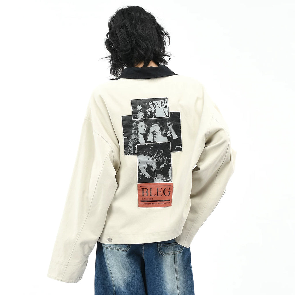 OV original American retro character patch embroidered washed workwear jacket for men and women, autumn street short and wide casual jacket