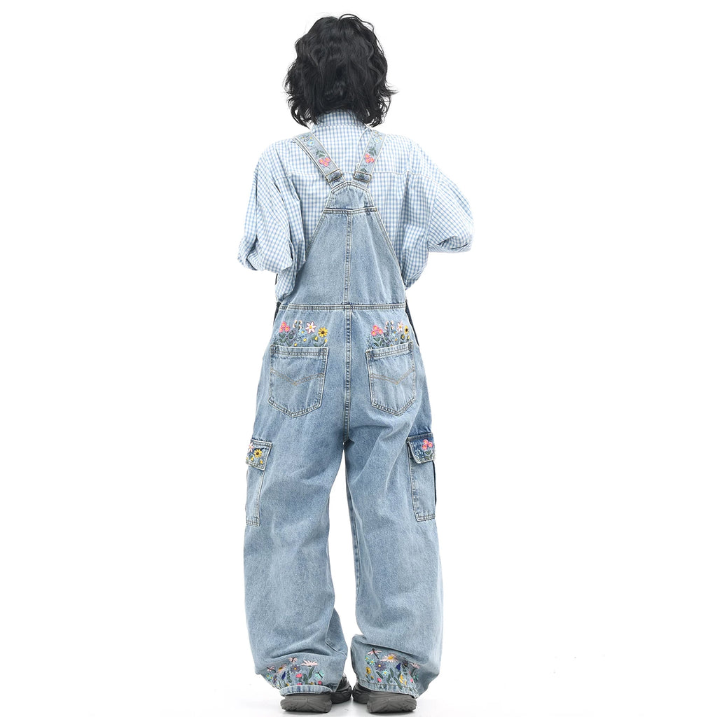 OV original American floral embroidery washed denim overalls for women, retro loose wide leg workwear pants for men