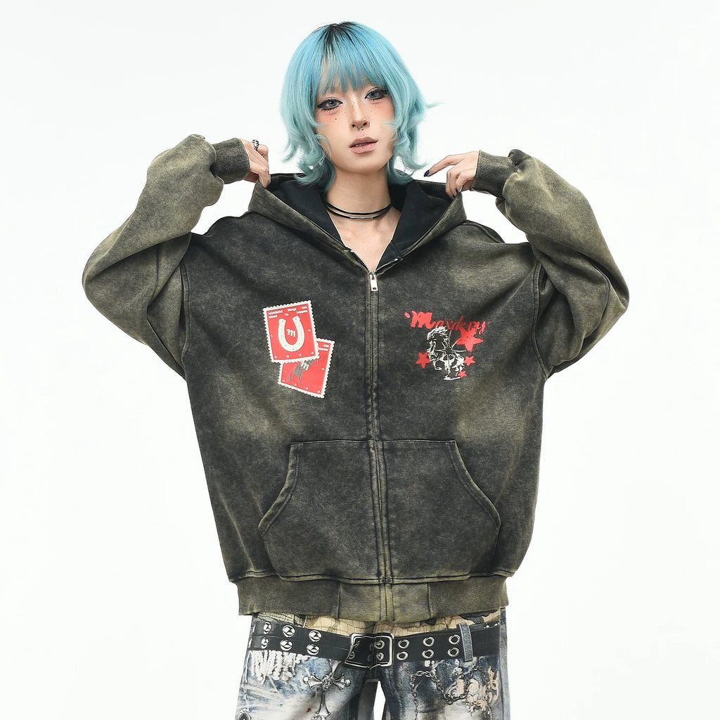 OV original American retro distressed dirty dye cardigan hooded sweatshirt for men and women BF autumn loose zipper trendy brand jacket