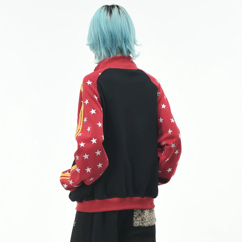 OV original retro pentagram printed raglan cardigan sweatshirt for men and women in autumn, loose contrasting color zipper jacket trendy