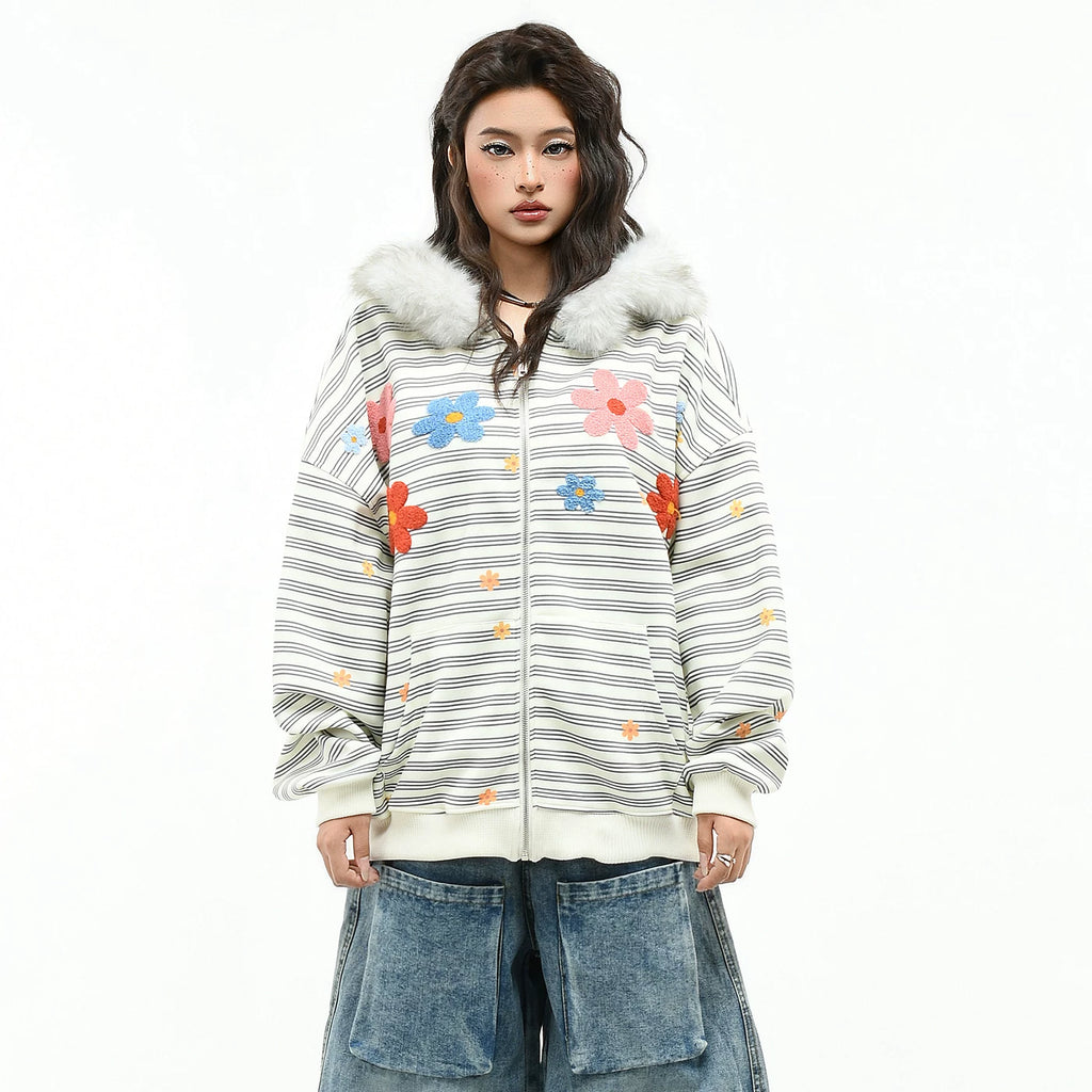 OV original Korean striped flower plush embroidery hooded sweatshirt for men and women in autumn loose fur collar cardigan jacket trend