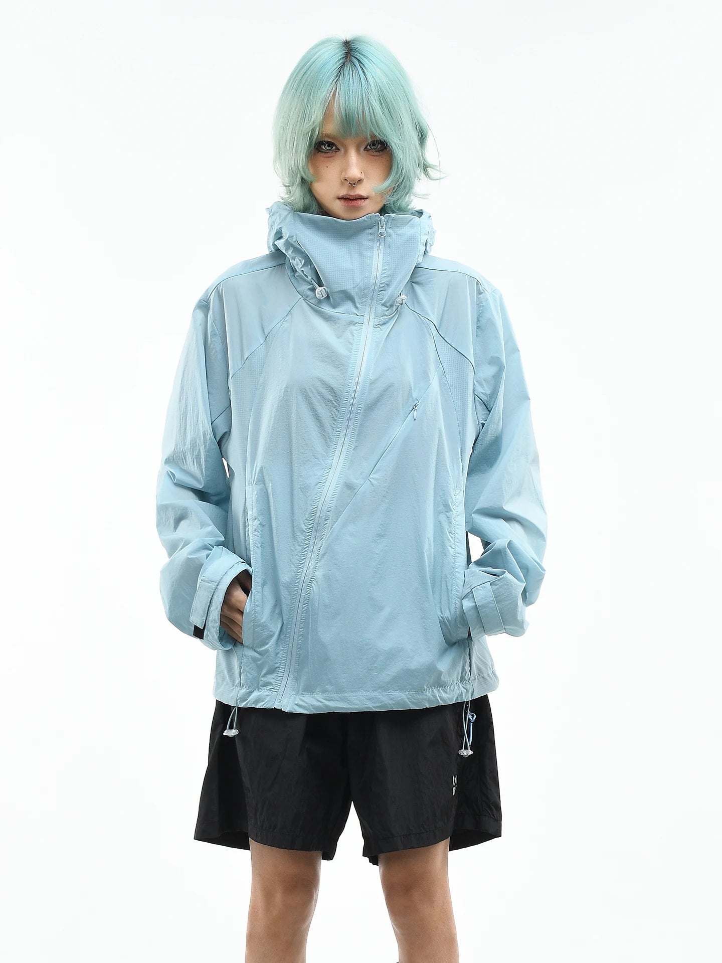 OV original diagonal zipper design outdoor hooded sunscreen jacket for women, summer loose breathable quick drying sunscreen jacket for men