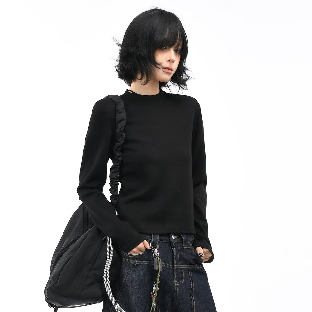 OV original/American slim fit solid color half high neck long sleeved T-shirt for women in autumn, short style shoulder pads, high-end feeling, base shirt trend