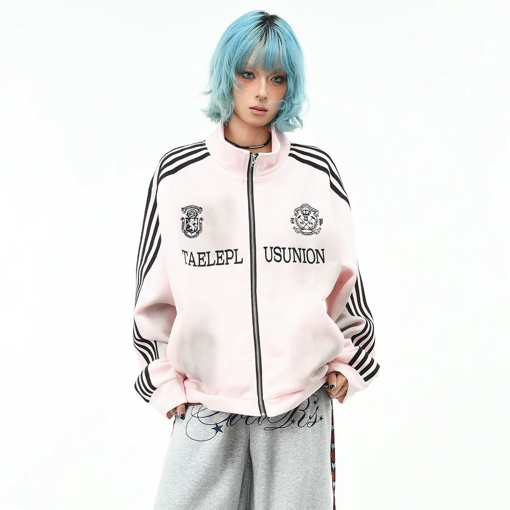 OV original American sports style vintage dirty dyed hoodie for men and women in autumn loose four bar patchwork cardigan jacket trend