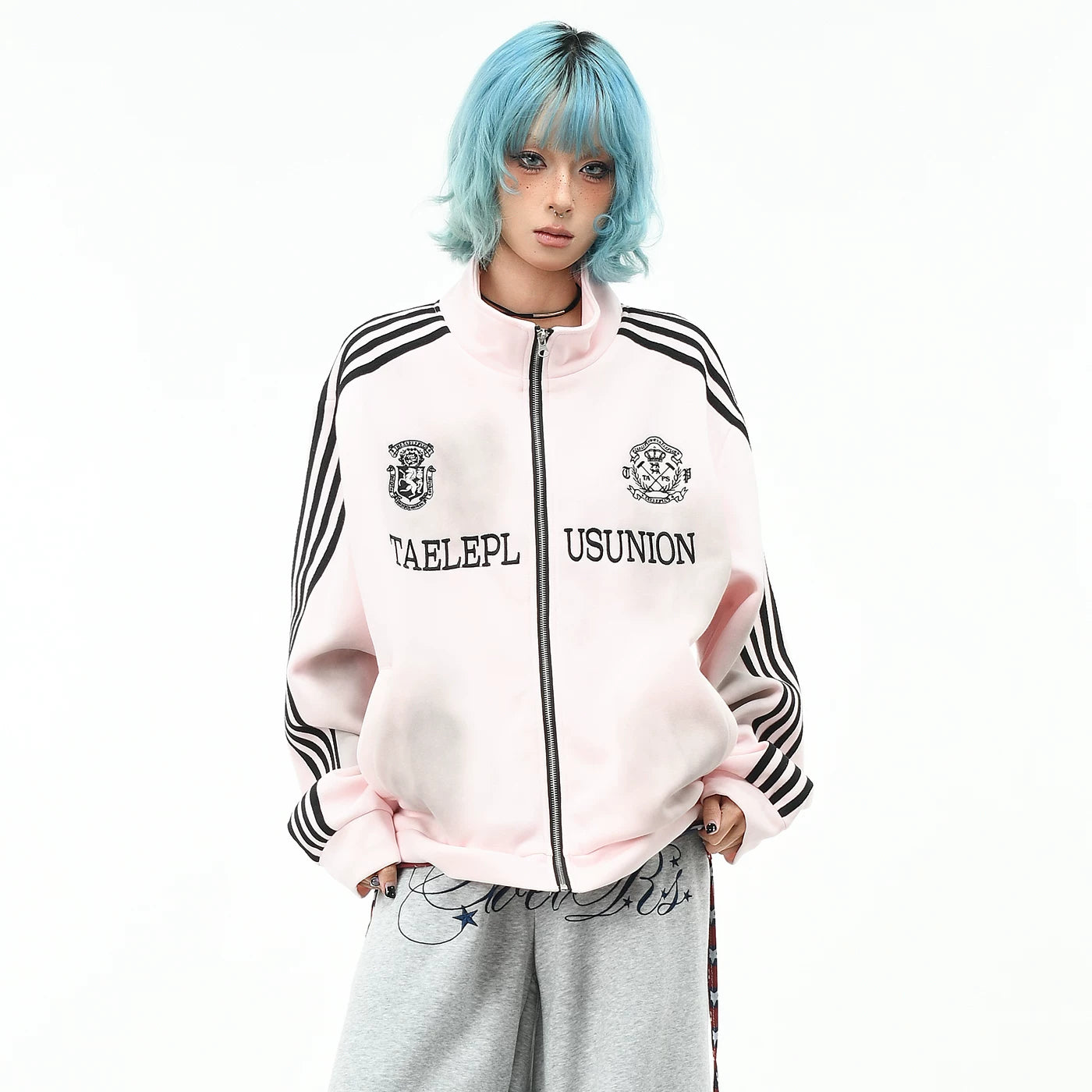 OV original American sports style vintage dirty dyed hoodie for men and women in autumn loose four bar patchwork cardigan jacket trend