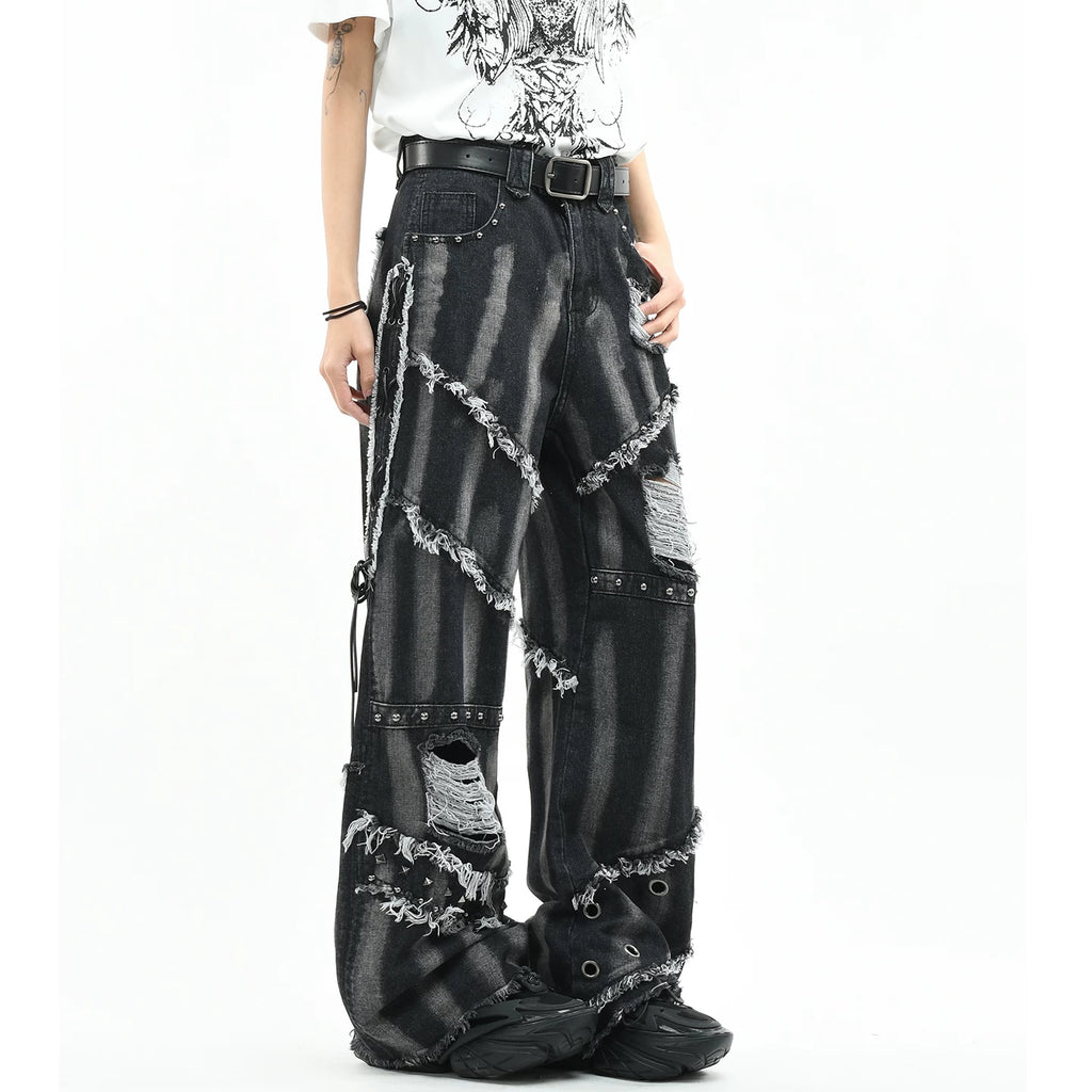 OV original American punk rivet distressed washed denim jeans for men and women, lightweight and loose straight leg with frayed edges, long pants
