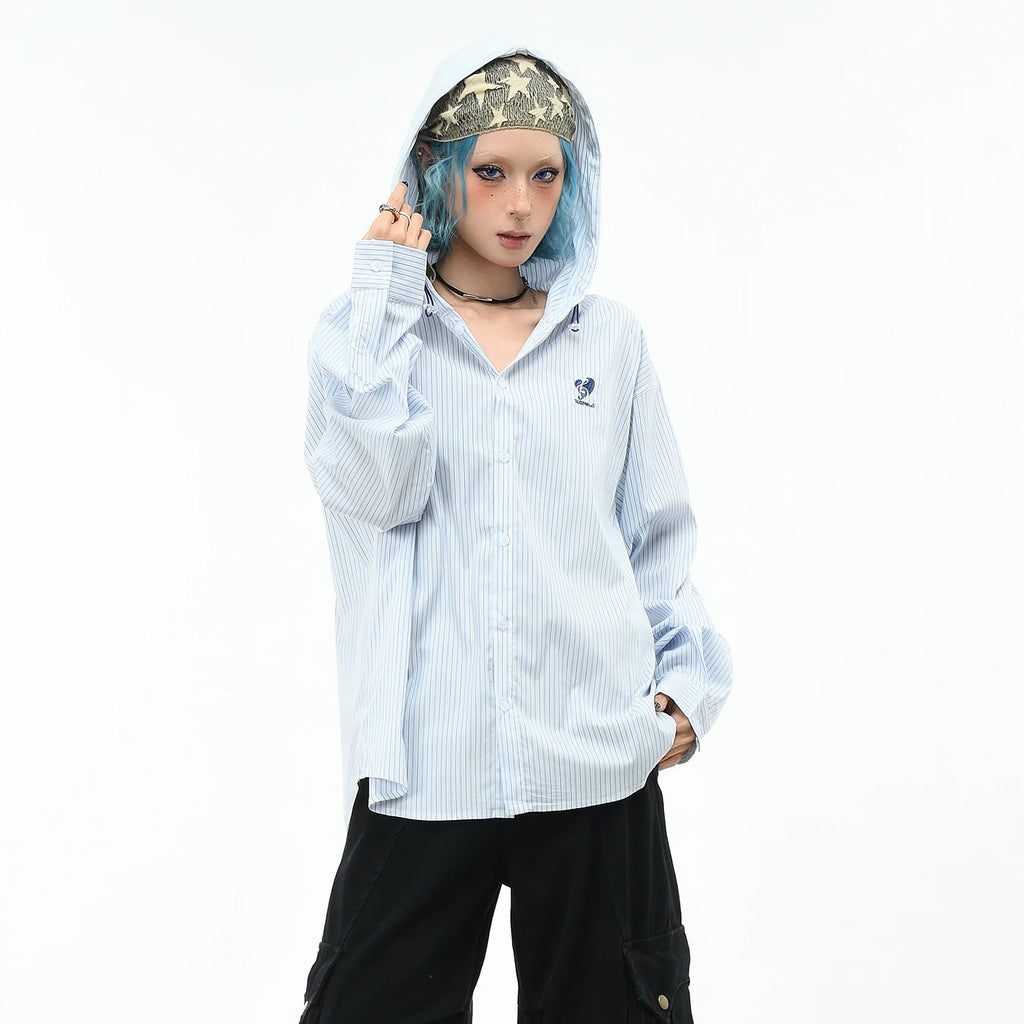 OV original college style vertical striped hooded long sleeved shirt for men and women in autumn, loose and versatile casual couple shirt trend