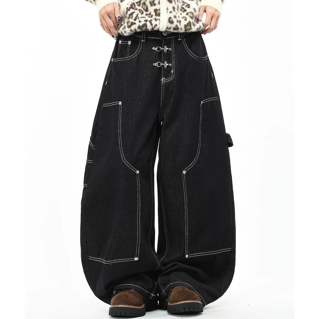 OV original American style cool airplane buckle design jeans for men and women, loose wide leg tannins, original cow pants, trendy