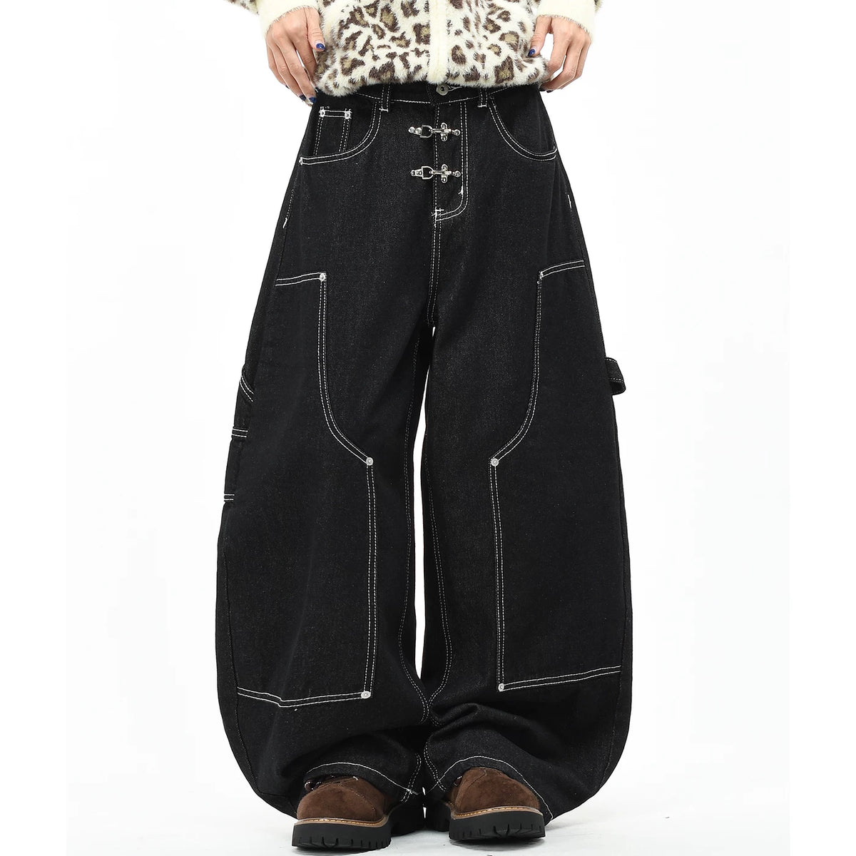 OV original American style cool airplane buckle design jeans for men and women, loose wide leg tannins, original cow pants, trendy