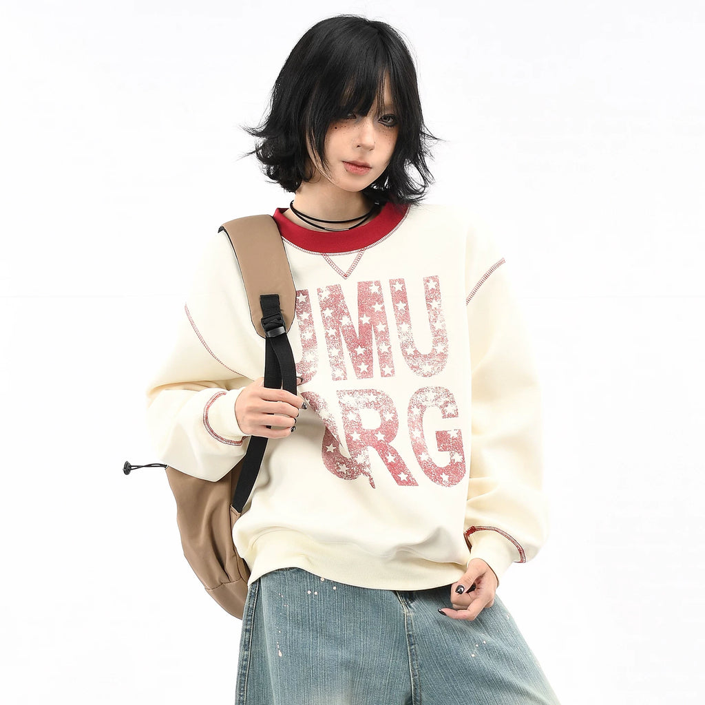 OV original American letter printed open line design round neck hoodie for men and women, autumn loose casual pullover top, trendy