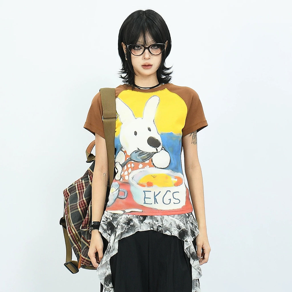OV original American retro oil painting rabbit contrasting short sleeved T-shirt for women in summer, shoulder length short, short top ins
