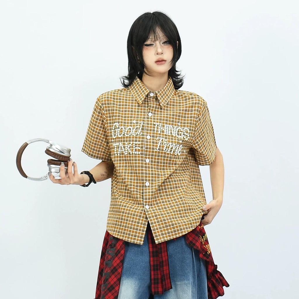 OV original American retro checkered shoulder short sleeved shirt with women's nail bead design, casual short style, summer shirt trend