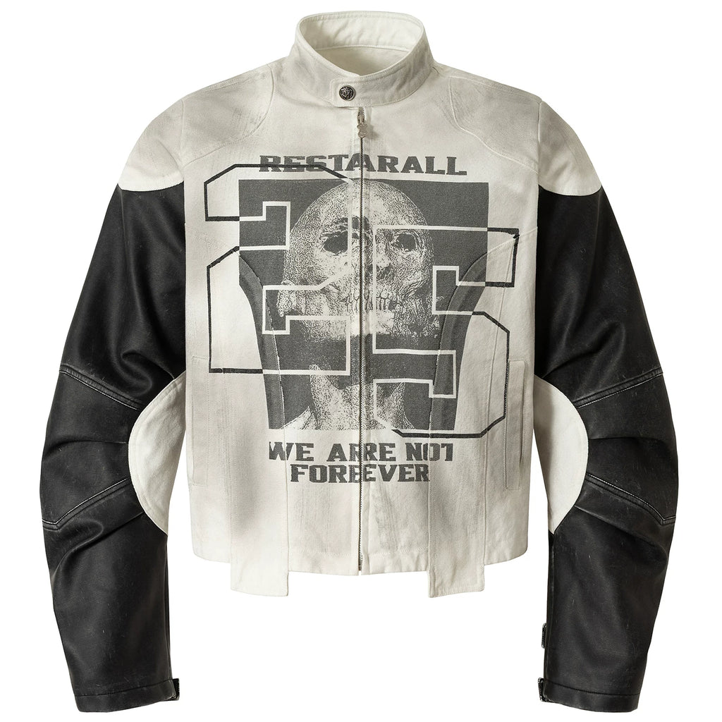 OV original American retro skull print motorcycle racing jacket for women, autumn short style, cool and dirty dyed jacket for men