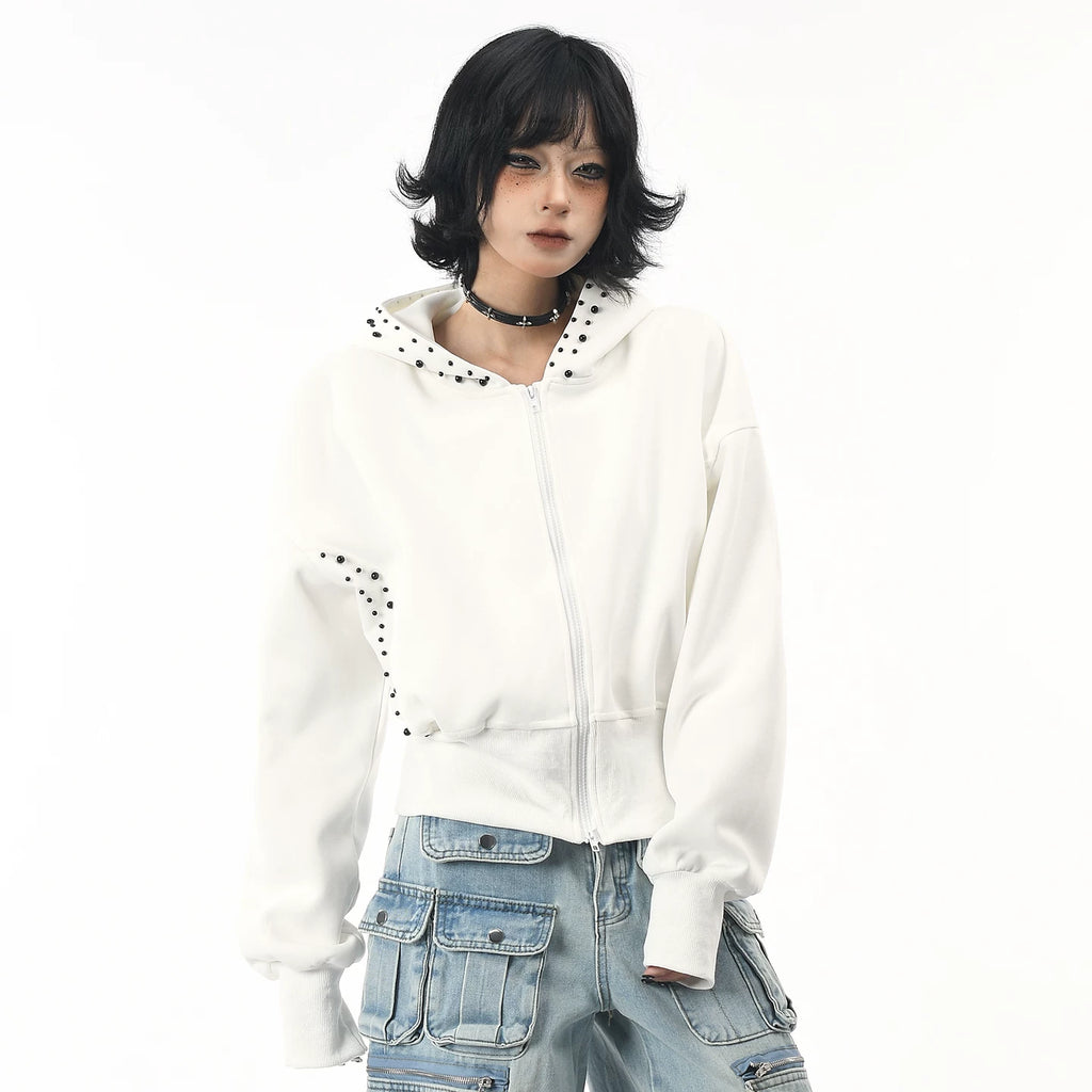 OV original American three-dimensional pearl design sense short hooded sweatshirt for women in autumn lazy style loose cardigan jacket