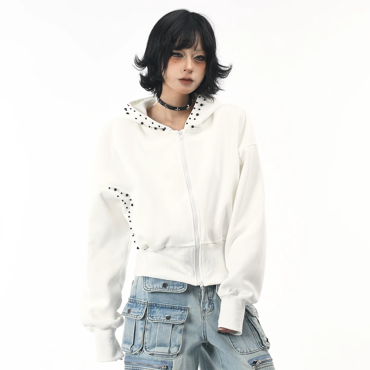 OV original American three-dimensional pearl design sense short hooded sweatshirt for women in autumn lazy style loose cardigan jacket