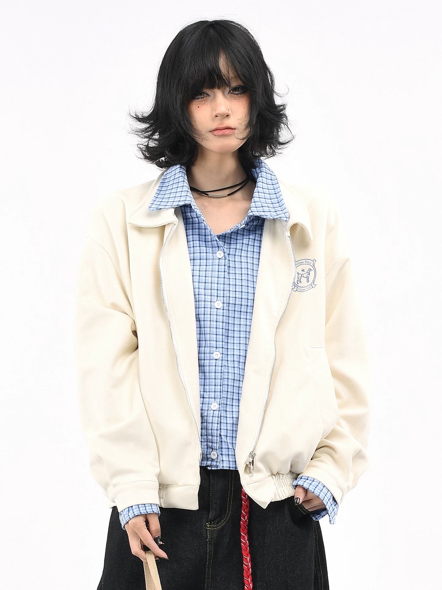 OV original American retro checkered fake two-piece spliced suede jacket for women's autumn loose casual jacket for men's fashion