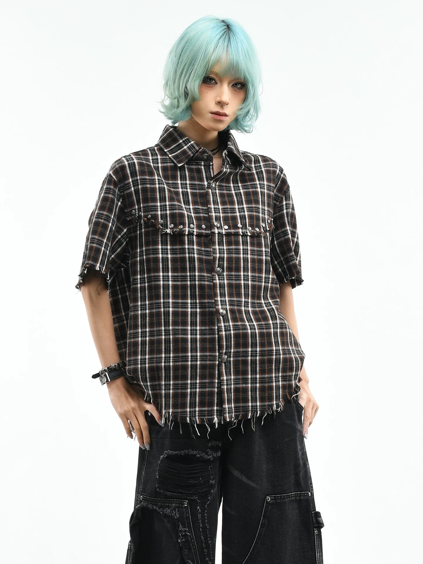 OV original American retro checkered contrasting rivet short sleeved shirt for women in summer, loose short cut with fringed edges, men's trendy shirt