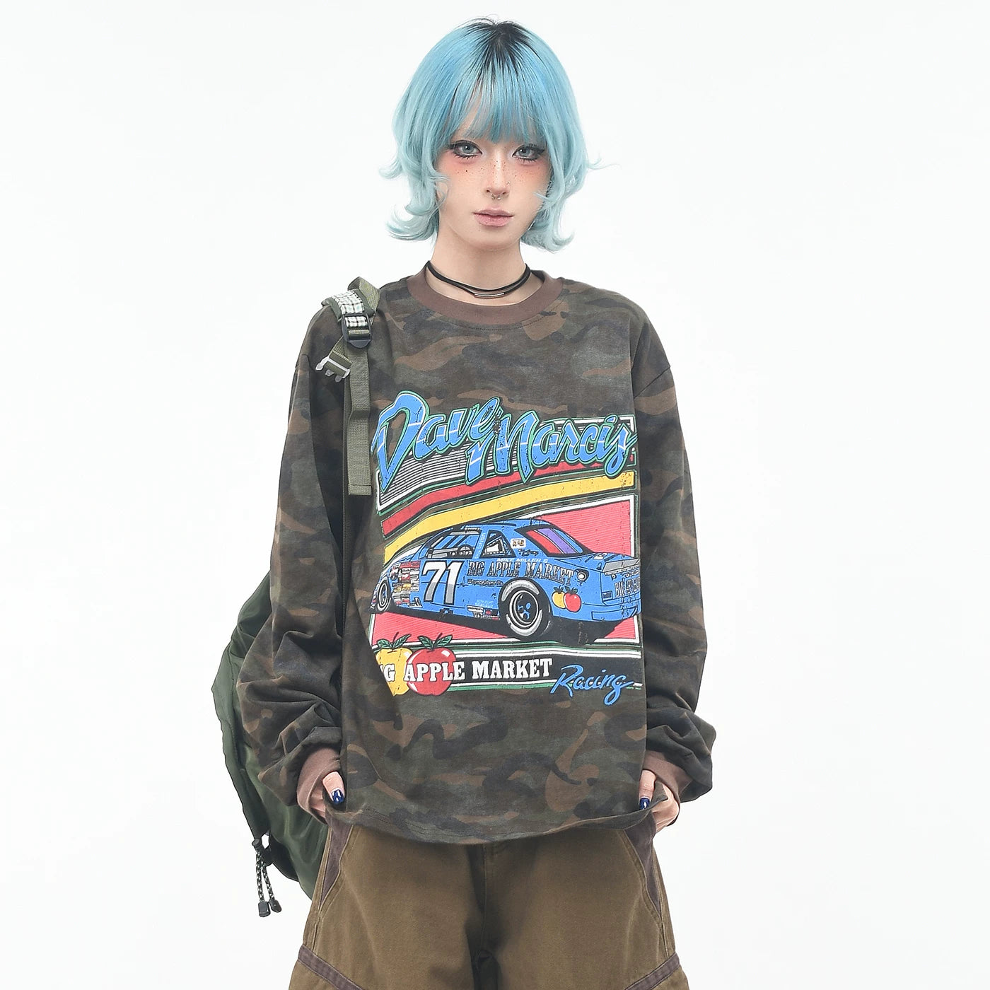 OV Original/American Trendy Brand Racing Printed Camouflage Long sleeved T-shirt for Men and Women in Autumn Loose Hip Hop Color Contrasting Top Trendy