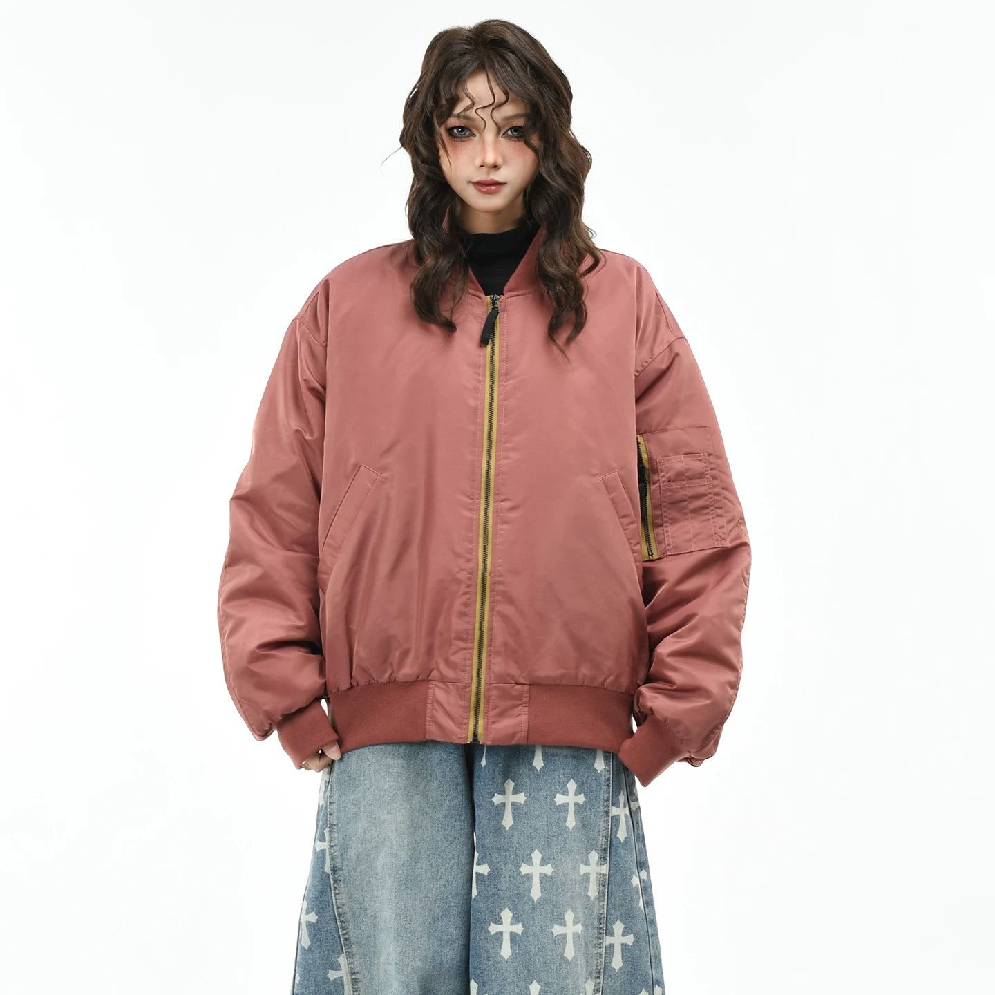 OV Original American Retro Pilot Baseball Jacket with Cotton Jacket for Women's Winter Loose Couple Warm Cotton Coat