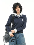 OV Original/American College Style Vacation Two POLO Collar Long Sleeve T-shirt for Women Autumn Short Shoulder Casual Top Trendy