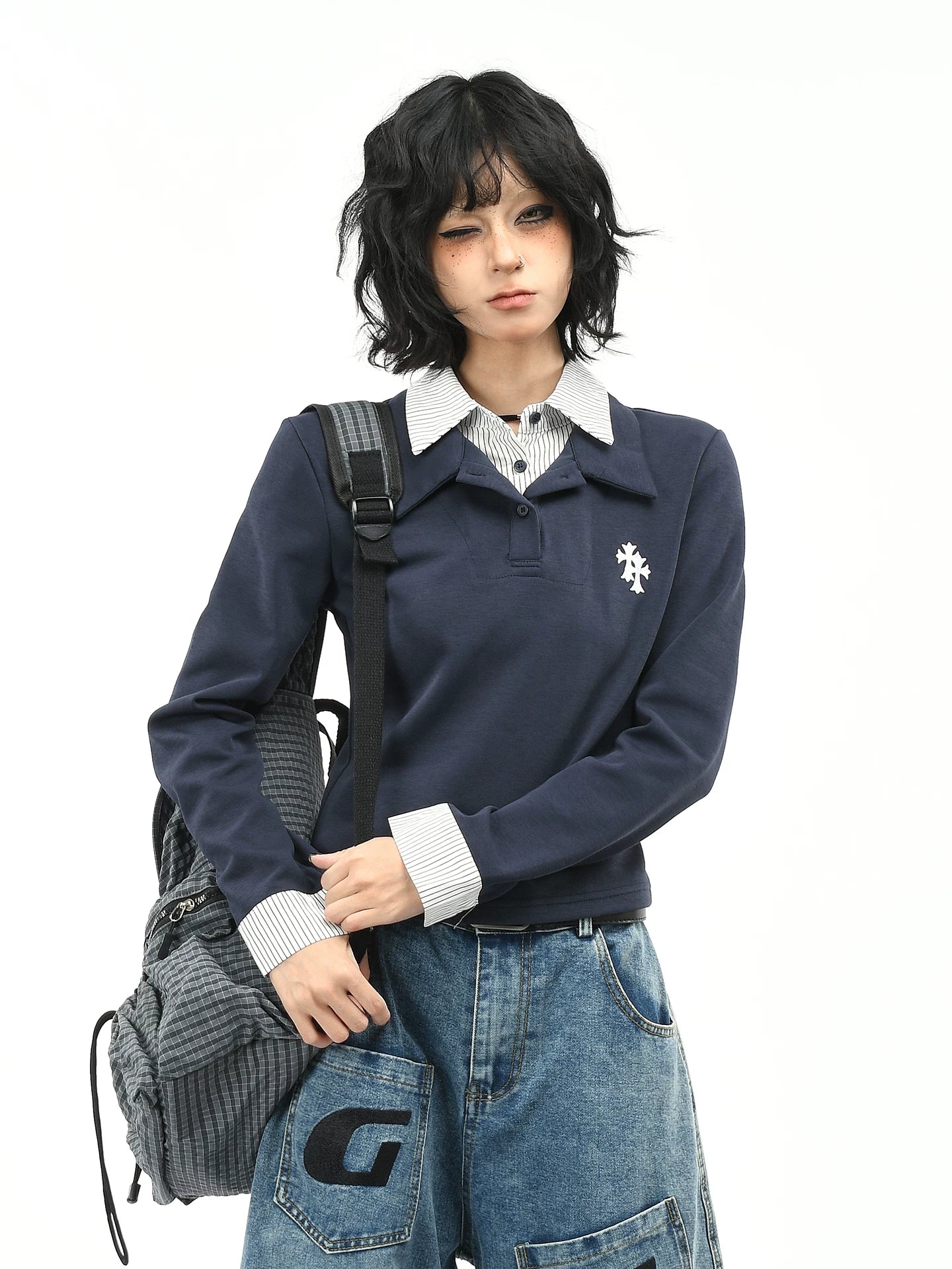 OV Original/American College Style Vacation Two POLO Collar Long Sleeve T-shirt for Women Autumn Short Shoulder Casual Top Trendy