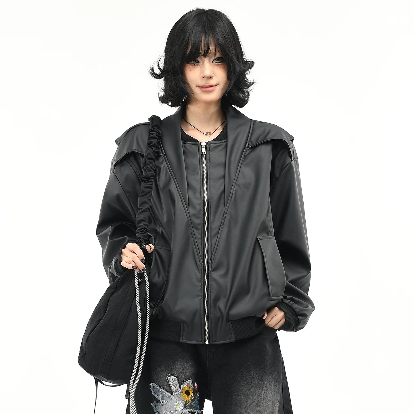 OV original American deconstruction splicing functional style PU leather jacket for women, autumn high-end feeling, wide loose neck jacket for men