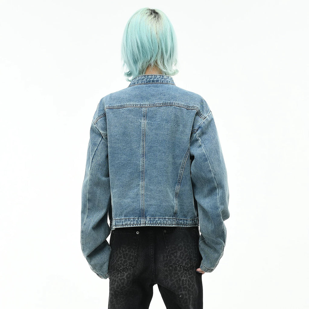OV original American high street vintage washed denim jacket for women's autumn deconstruction cutting short style slimming stand up collar jacket